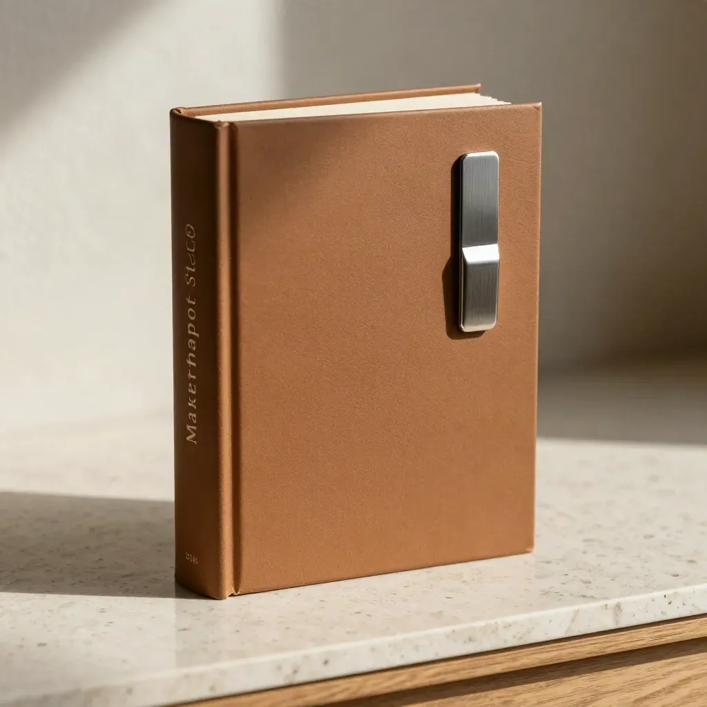 Umberkleurige staalrapportbundel met inserts en metalen clip op travertin.