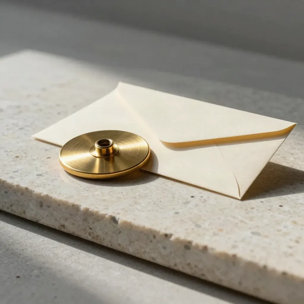 Bronskleurige connector, gevouwen sleeves en een verzegelde envelop op travertijn in dramatisch licht.