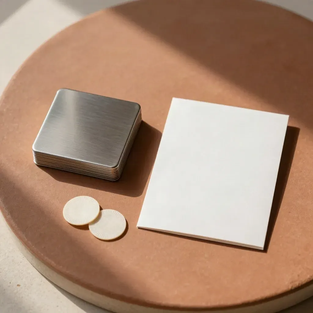 Bovenaanzicht van een metalen lidmaatschapset met hoes en samplechips op terracotta steen.