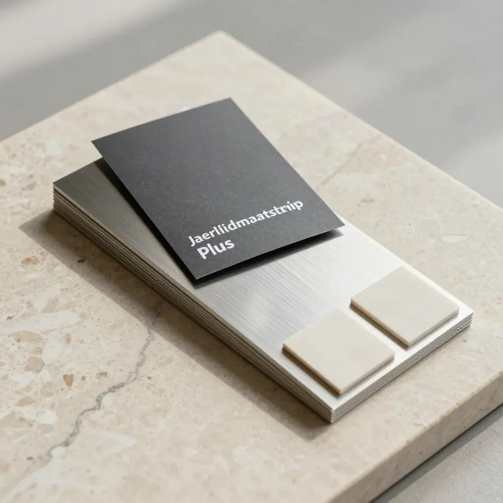 Bovenaanzicht van aluminium lidmaatschapskaarten, een gids en twee staalchips op travertin.