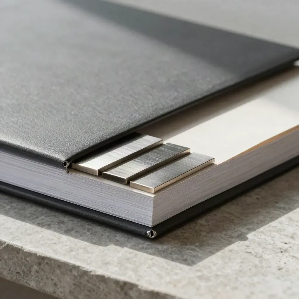 Grafieten binder met staalstroken en papieren inserts op een stenen plaat in hard licht.