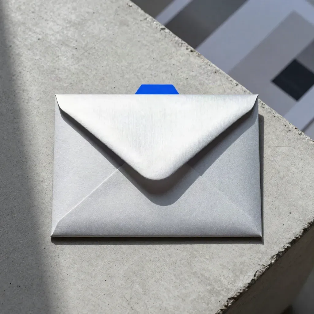 Overhead flatlay van metalen kaart, envelop en cobaltblauwe tab op beton.