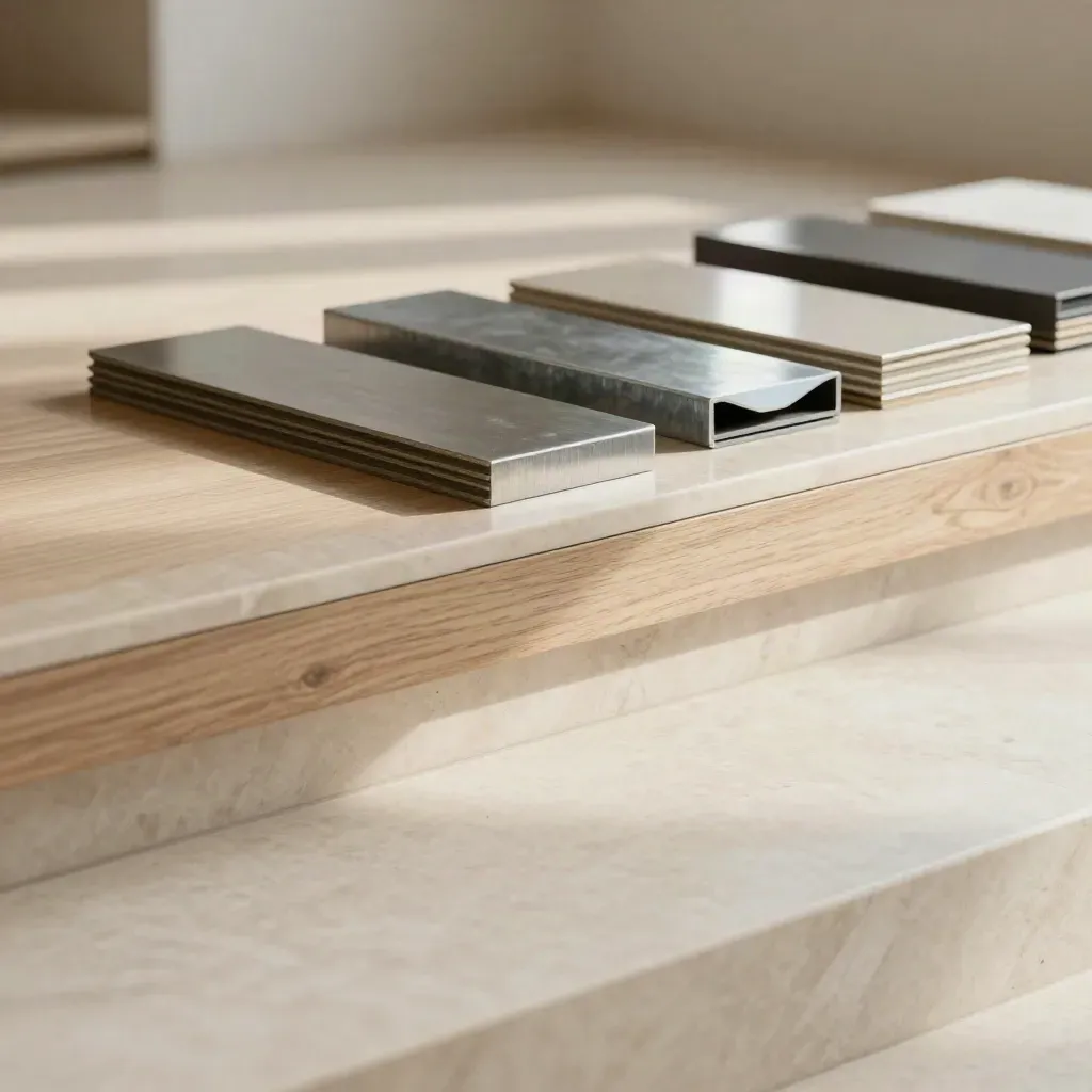 Sunlit marmeren ledge met stalen samples en houttinten, rustige neutrale achtergrond.